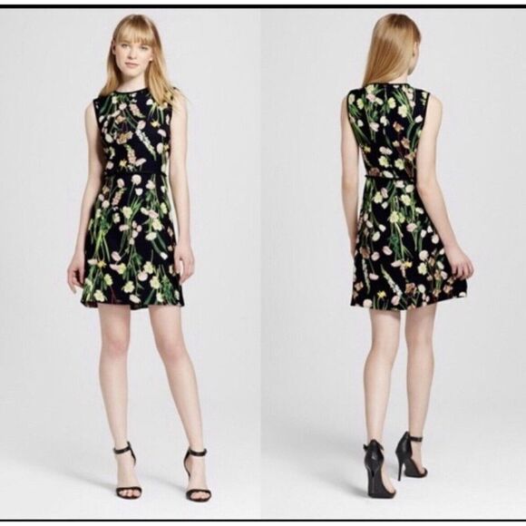 VICTORIA BECKHAM Target Dress Womens XS Black Floral Sleeveless Stretch Rear Zip - Picture 1 of 10